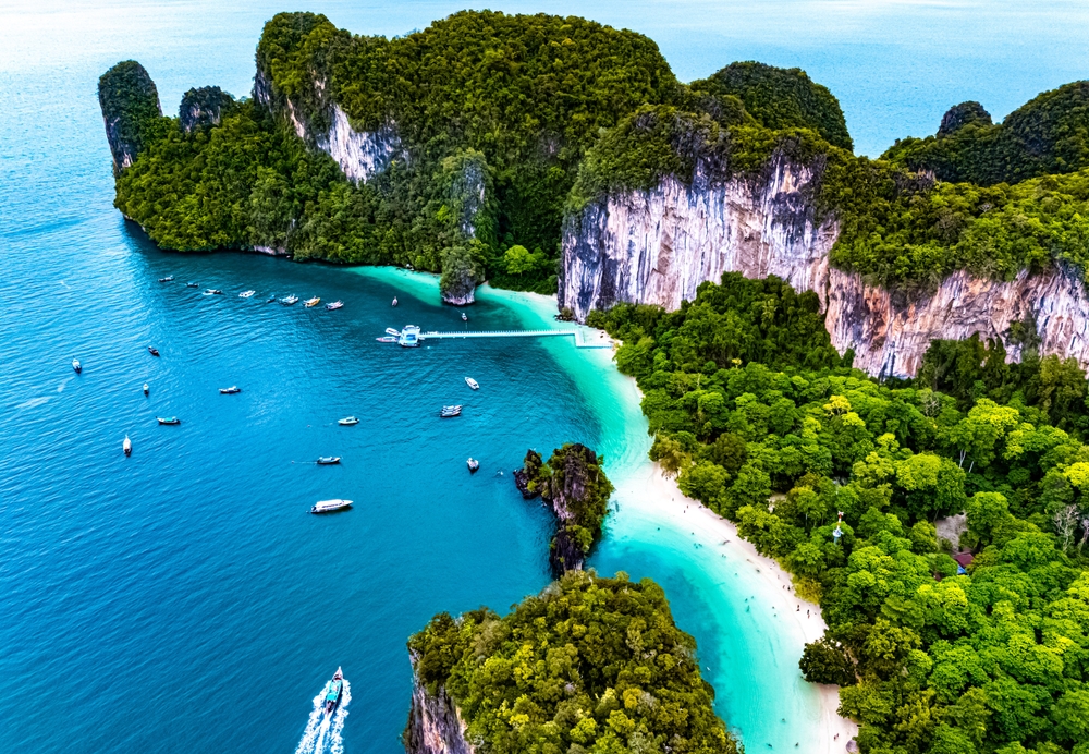 Tropical beach and limestone cliffs in Thailand